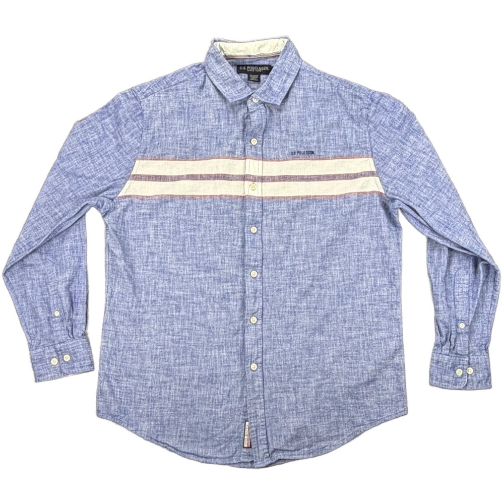 US Polo Assn Mens Large Chambray Blue Striped Cotton Long Sleeve Button Up Shirt